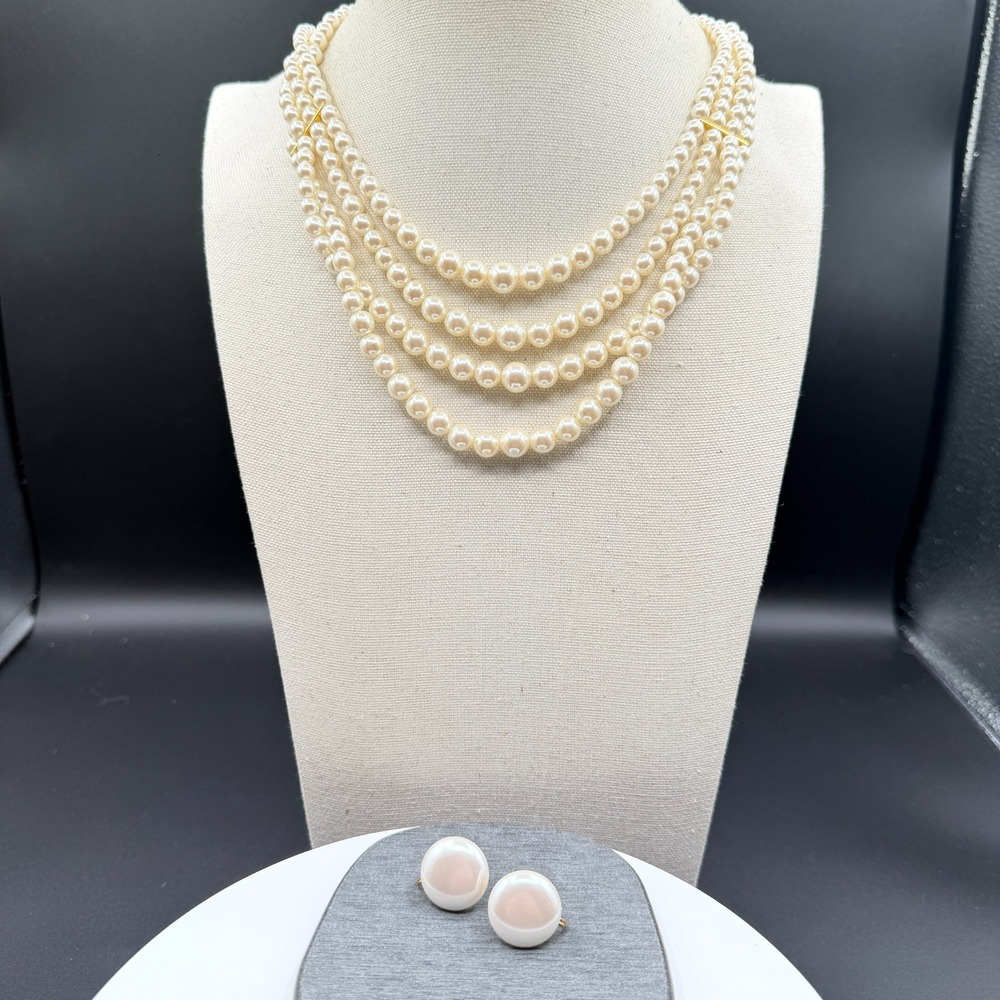 4 Strand Cream Faux Pearl Necklace Matching Earrings Gold Tone Heart Clasp Set